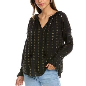 Sea New York Laura Blouse Black and Gold Metallic Long Sleeve Boho Size Small